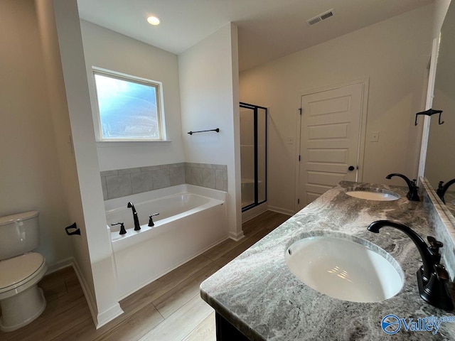 full bathroom with toilet, vanity, and shower with separate bathtub