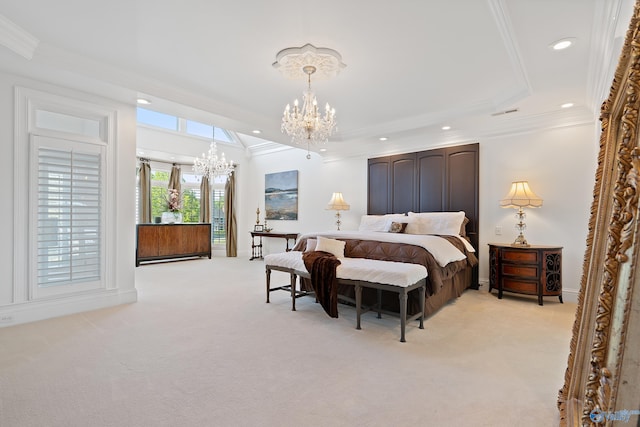 bedroom featuring a chandelier, light carpet, ornamental molding, recessed lighting, and a tray ceiling