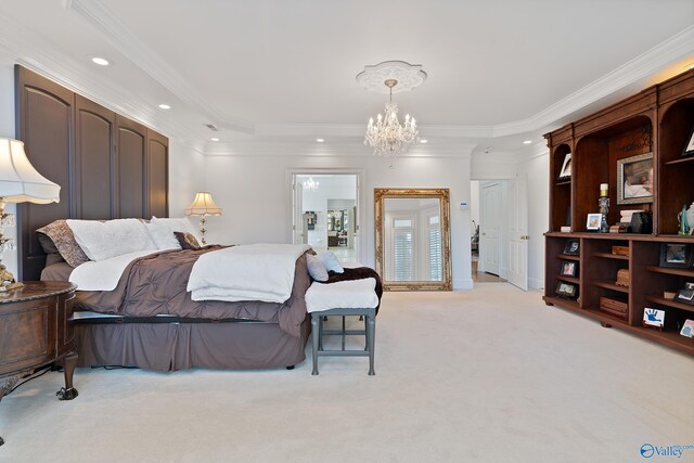 bedroom featuring a chandelier, light carpet, ornamental molding, and recessed lighting