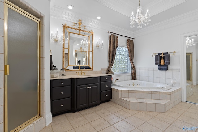 bathroom with a chandelier, crown molding, tile patterned flooring, a garden tub, and a stall shower