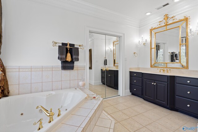 full bathroom with ornamental molding, a whirlpool tub, vanity, tile patterned flooring, and recessed lighting