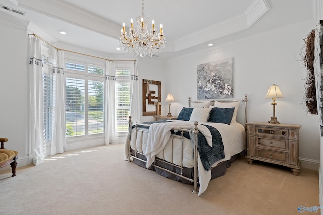 bedroom featuring light colored carpet, a chandelier, crown molding, recessed lighting, and a raised ceiling
