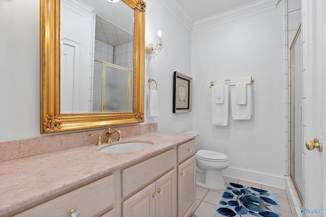 bathroom with a stall shower, tile patterned flooring, vanity, crown molding, and toilet