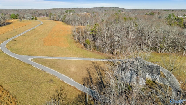 drone / aerial view featuring a view of trees and a rural view