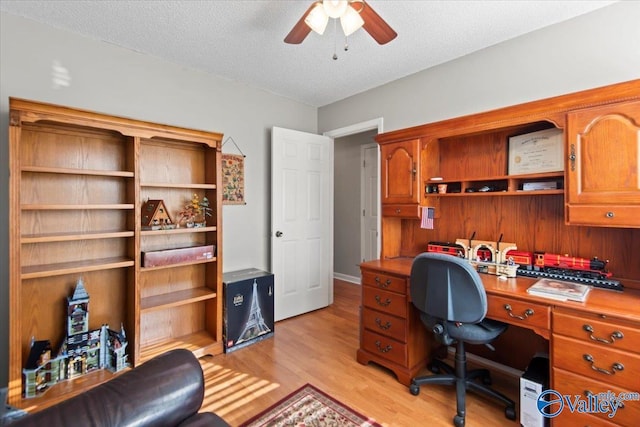 office space with a textured ceiling, light hardwood / wood-style floors, and ceiling fan