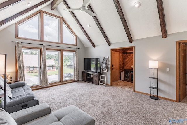 1104 Princeton Dr, Madison, AL 35758 - carpeted living area featuring beamed ceiling, high vaulted ceiling, and a ceiling fan
