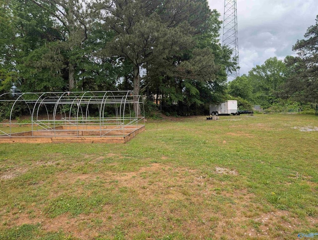view of yard with a garden and an outdoor structure