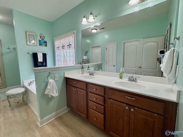 bathroom featuring baseboards, wood finished floors, a sink, and double vanity
