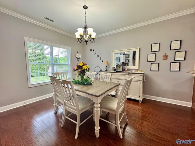 dining room featuring visible vents, crown molding, baseboards, a chandelier, and dark wood-style flooring