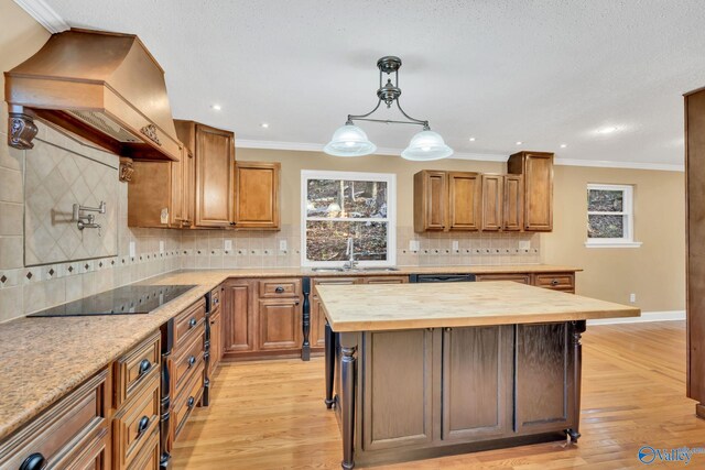 kitchen featuring light wood-type flooring, custom range hood, sink, a center island, and butcher block countertops