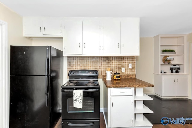 kitchen featuring white cabinetry, black appliances, tasteful backsplash, and open shelves