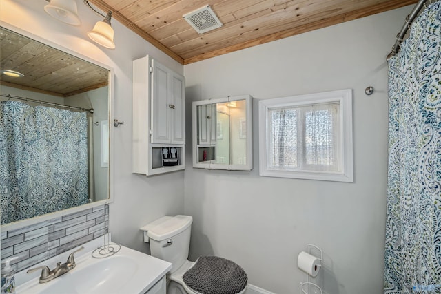 bathroom featuring vanity, toilet, and wood ceiling