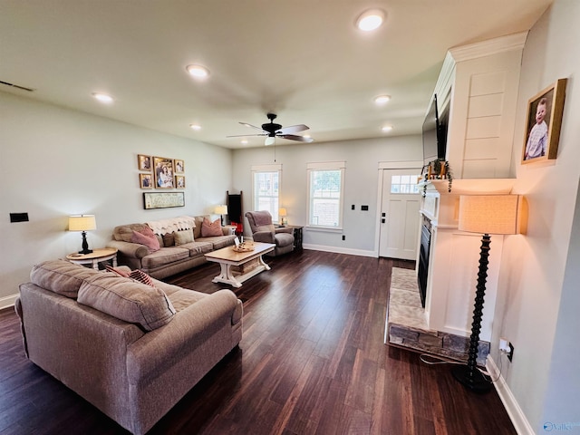 624 2nd Ave S, Loretto, TN 38469 - living room with dark wood-type flooring, a ceiling fan, and recessed lighting