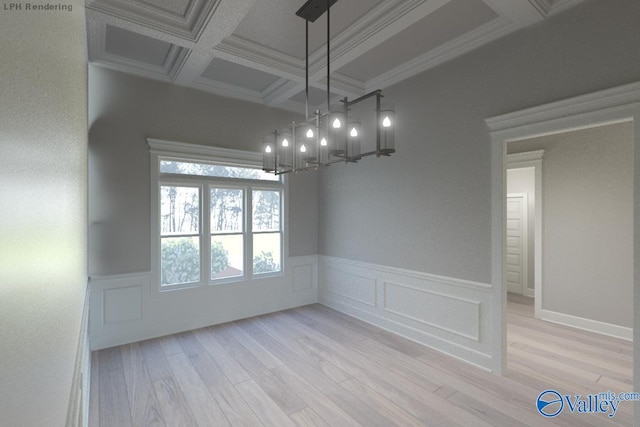 unfurnished dining area with light hardwood / wood-style floors, beam ceiling, and coffered ceiling