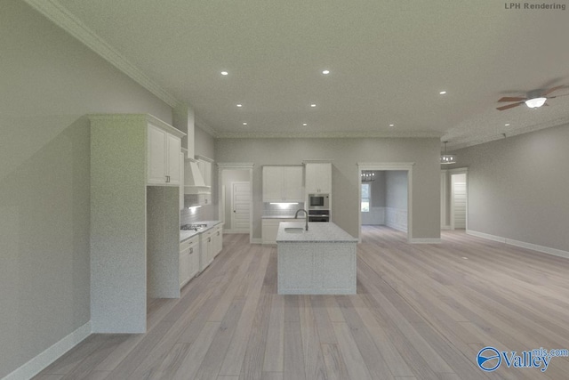 kitchen featuring premium range hood, crown molding, light hardwood / wood-style flooring, and white cabinets