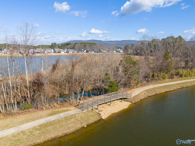 drone / aerial view with a water and mountain view