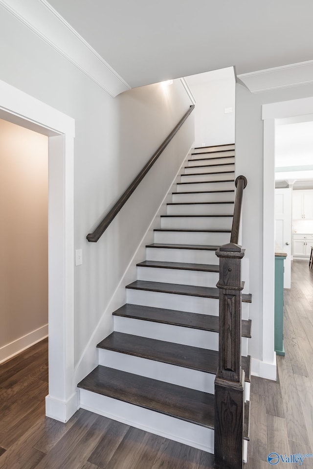 staircase featuring hardwood / wood-style flooring and ornamental molding