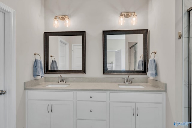 bathroom featuring walk in shower and vanity