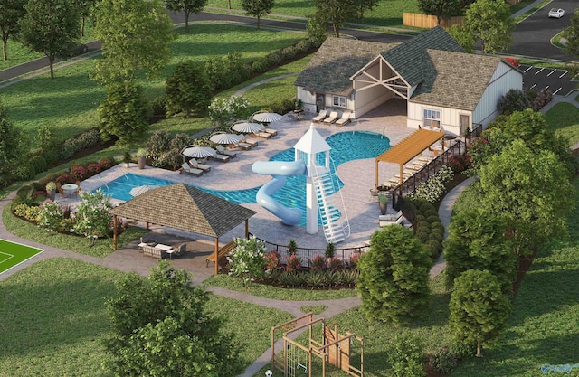 24139 Patriot Dr, Athens, AL 35613 - view of pool featuring a gazebo, a patio, a water slide, and an outbuilding