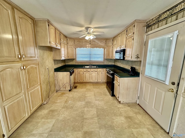 kitchen with sink, black appliances, ceiling fan, and light brown cabinets