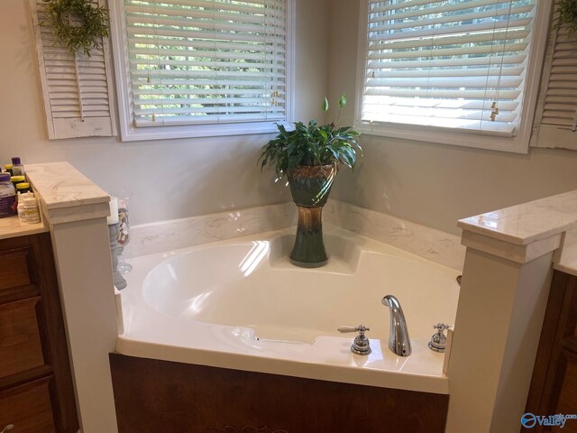 bathroom with a tub to relax in and a healthy amount of sunlight