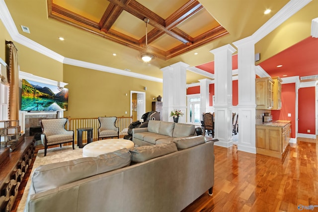 601 Smokey Mountain Cir, Huntsville, AL 35803 - living area featuring ornate columns, crown molding, coffered ceiling, light wood-style floors, and beamed ceiling