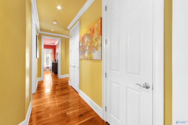 601 Smokey Mountain Cir, Huntsville, AL 35803 - hallway with crown molding, baseboards, wood finished floors, and recessed lighting