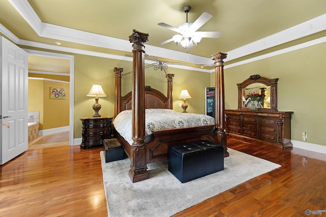 601 Smokey Mountain Cir, Huntsville, AL 35803 - bedroom featuring a raised ceiling, wood finished floors, crown molding, baseboards, and ceiling fan