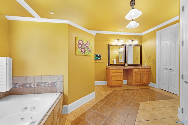 601 Smokey Mountain Cir, Huntsville, AL 35803 - full bath with vanity, baseboards, a whirlpool tub, crown molding, and tile patterned floors