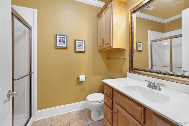 601 Smokey Mountain Cir, Huntsville, AL 35803 - bathroom featuring crown molding, a stall shower, baseboards, vanity, and toilet