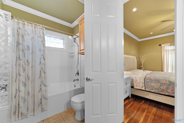 601 Smokey Mountain Cir, Huntsville, AL 35803 - ensuite bathroom featuring shower / tub combo with curtain, ornamental molding, toilet, ceiling fan, and recessed lighting