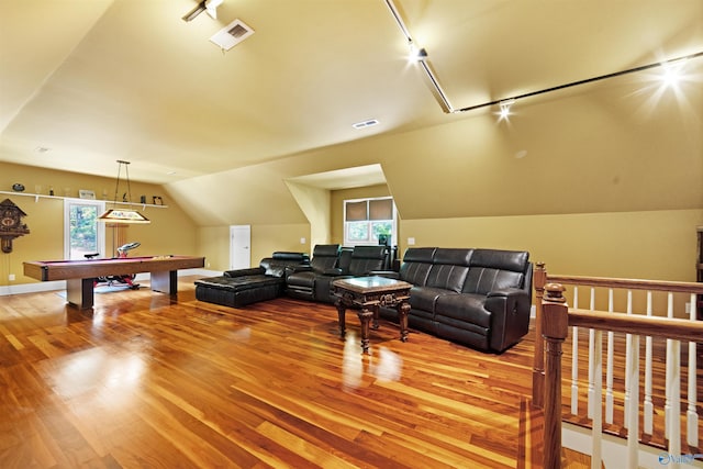 601 Smokey Mountain Cir, Huntsville, AL 35803 - living area featuring vaulted ceiling, wood finished floors, rail lighting, and pool table