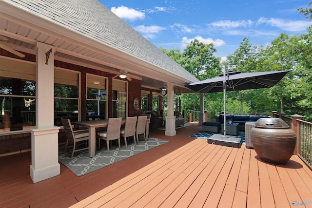601 Smokey Mountain Cir, Huntsville, AL 35803 - wooden deck featuring an outdoor living space, outdoor dining space, and ceiling fan