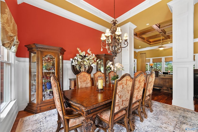 601 Smokey Mountain Cir, Huntsville, AL 35803 - dining space with decorative columns, wood finished floors, coffered ceiling, crown molding, and beamed ceiling