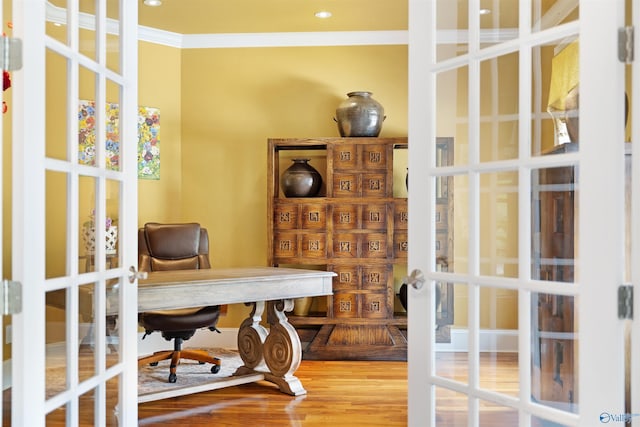 601 Smokey Mountain Cir, Huntsville, AL 35803 - office area with french doors, ornamental molding, and wood finished floors