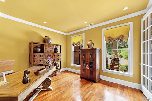 601 Smokey Mountain Cir, Huntsville, AL 35803 - office featuring crown molding, baseboards, wood finished floors, and recessed lighting