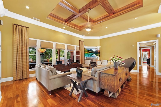 601 Smokey Mountain Cir, Huntsville, AL 35803 - living room featuring coffered ceiling, crown molding, wood finished floors, beamed ceiling, and baseboards