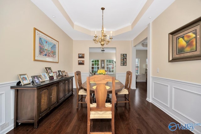 77 Valley Way Cir SE Unit 77, Huntsville, AL 35802 - dining room featuring a chandelier, a raised ceiling, a wainscoted wall, dark wood finished floors, and a decorative wall