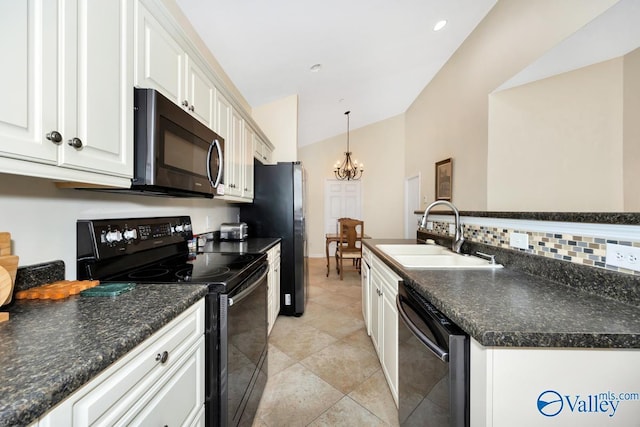77 Valley Way Cir SE Unit 77, Huntsville, AL 35802 - kitchen with black appliances, a sink, a chandelier, backsplash, and white cabinetry