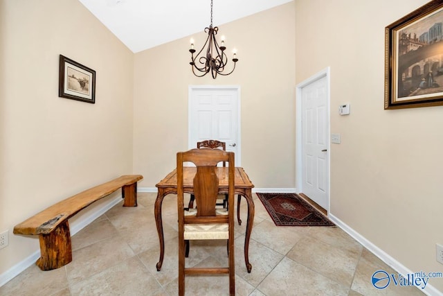 77 Valley Way Cir SE Unit 77, Huntsville, AL 35802 - dining room featuring a chandelier, baseboards, high vaulted ceiling, and light tile patterned flooring