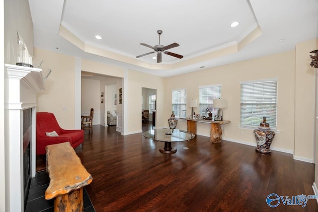 77 Valley Way Cir SE Unit 77, Huntsville, AL 35802 - living area with a raised ceiling, a ceiling fan, wood finished floors, a fireplace, and crown molding