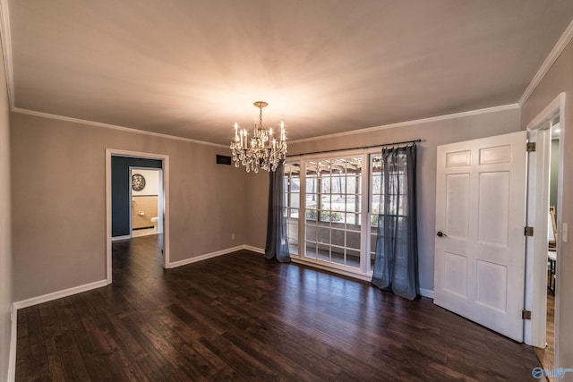 unfurnished dining area featuring a notable chandelier, crown molding, and dark wood-type flooring