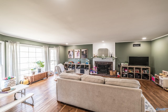 living room featuring hardwood / wood-style flooring, ornamental molding, and a fireplace