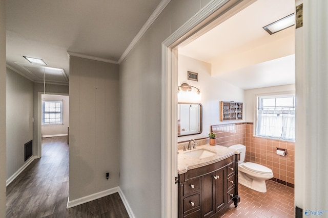 bathroom featuring ornamental molding, vanity, and plenty of natural light