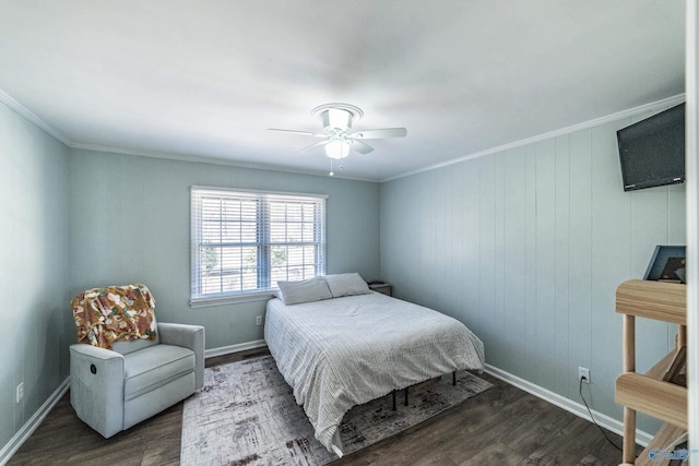 bedroom with crown molding, ceiling fan, and dark hardwood / wood-style flooring