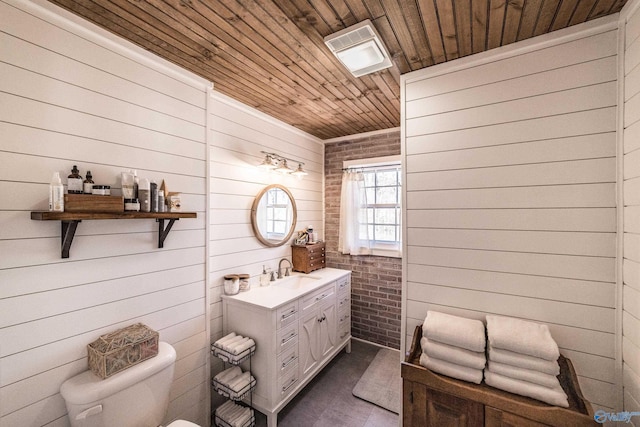 bathroom featuring wood ceiling, vanity, and toilet