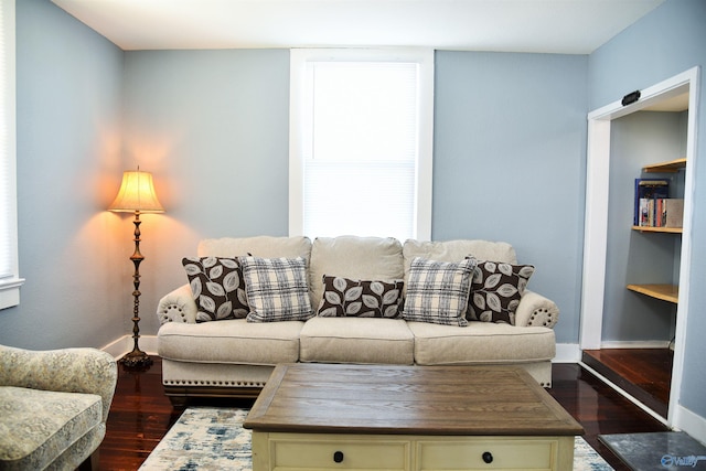 living room featuring dark wood-type flooring