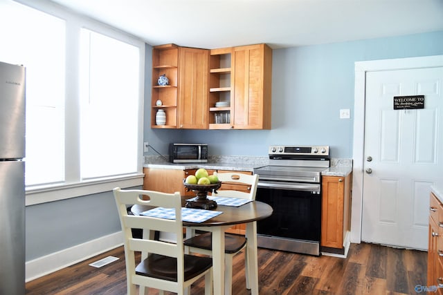 kitchen with stainless steel appliances and dark hardwood / wood-style floors