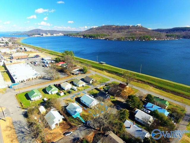 birds eye view of property featuring a water and mountain view