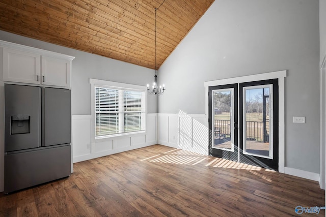 unfurnished dining area featuring a notable chandelier, wood ceiling, wood finished floors, and wainscoting